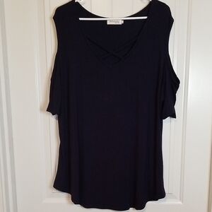 Blue Cold Shoulder Top W/Criss Cross Detail & Flattering Rounded Hemline XXL